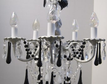 SALE: Shabby White with Silver accents - 5 arm Mini Cherub Chandelier with Black, White, Clear Crystal & Murano teardrops. Ready to ship.