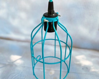 Turquoise Wire Bulb Cage Light Pendant  canopy, socket, cloth cord. Industrial Style Wire bulb cage Hanging light fixture Turquoise & Black