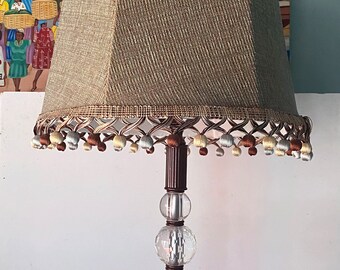 OOAK Handmade Espresso Brown Finish Brass & Crystal Table Lamp with Custom Shade, Showroom sample