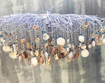 Large SEASHELL light 42"x 22" Oval Tree Branch Chandelier Custom made. Over 500 Seashells & Crystals on a White Oval Chandelier Base