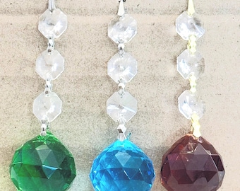30MM PRISM Crystal Glass Ball Drops :  Choose Amber, Blue or Green, with 3 clear Octagon & silver or gold connectors, sun catcher