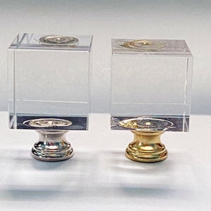 New: Modern Art Deco Clear Crystal Cube lamp Finial 1-3/4&quot; Tall, Polished Brass or Chrome finish base.  tap 1/4&quot;-27 fits standard harps.