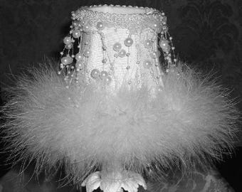 Custom Shantung SILK White mini Chandelier Shades Sconce Shade, 3"x 6"x 5" Clip-on Full Frame lined Shade, Faux Pearls & Boa feathers.
