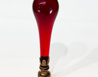 RARE 3-3/4" Vintage Red Murano Teardrop Lamp Finial with Antique Brass base tap 1/4-27 OOAK
