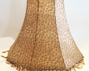 Handmade 8 Sided Table Lamp Shade soft back -Tan faux Snake Skin Print Vinyl fabric fully lined with wooden beaded fringe fringe OOAK