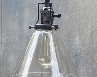 Mid Century handblown Clear Glass shade Light Pendant Industrial Style Hanging Light Fixture, Canopy, Hardware & Edison Style Bulb included