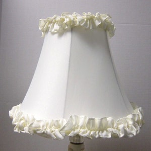 Adorable Cream Shantung Silk Table Lamp Shade with Ruffles Top Bottom Off White Ruffle Full Frame Lamp Shade 6&quot; top, 12&quot; bottom, 9.5&quot; tall.