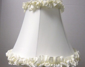 Adorable Cream Shantung Silk Table Lamp Shade with Ruffles Top Bottom Off White Ruffle Full Frame Lamp Shade 6" top, 12" bottom, 9.5" tall.