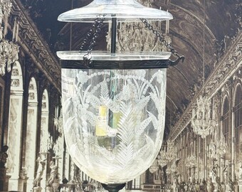 Vintage Victorian style Handmade Floral Etched Glass Bell Jar hanging pendant with 2 lights Hanging Fixture, Canopy & Hardware