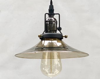 Mid Century Smoked color Glass Light Pendant Industrial Style Hanging Light Fixture with Canopy, Hardware & Edison Style Bulb included