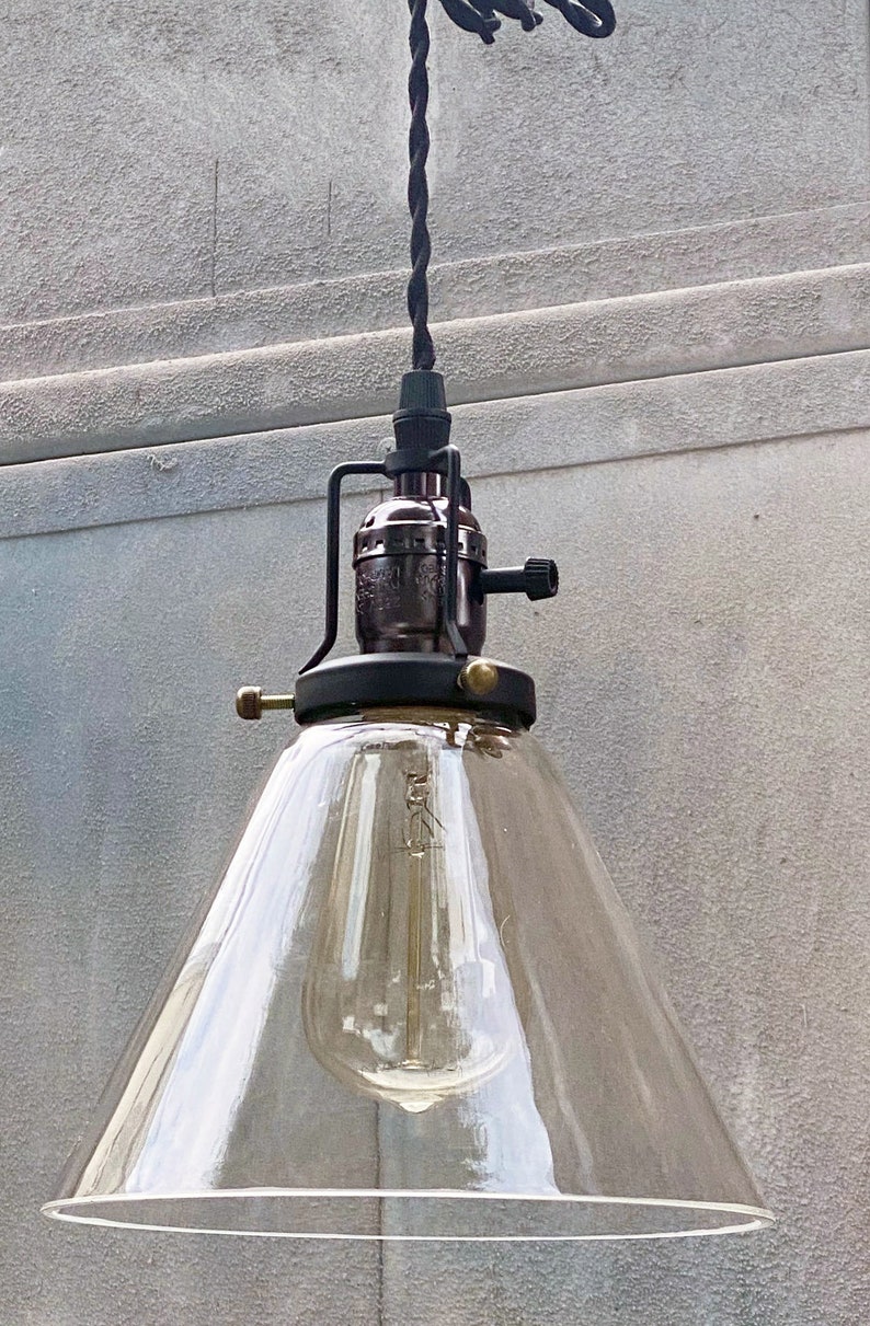 Mid Century Handblown Clear Glass Shade Light Pendant Industrial Style