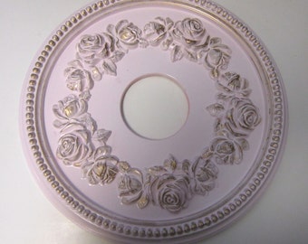 Shabby Rose 16" Diameter Ceiling Medallion for Chandeliers or Fans Pink and Gold finish, hand painted.