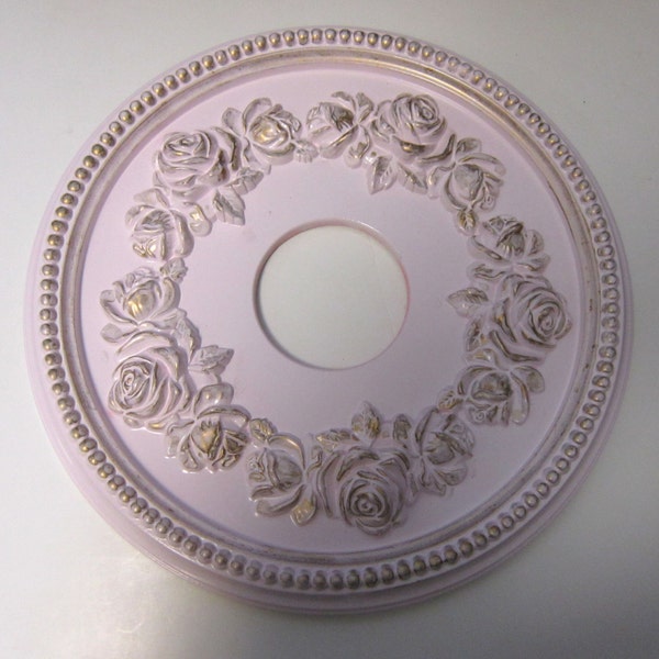 Shabby Rose 16" Diameter Ceiling Medallion for Chandeliers or Fans Pink and Gold finish, hand painted.