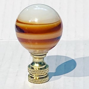 New: Modern Art Deco Round White with Amber swirls Glass lamp Finial 2&quot; Tall, brass base tap 1/4&quot;-27 fits standard harps.