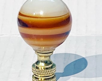 New: Modern Art Deco Round White with Amber swirls Glass lamp Finial 2" Tall, brass base tap 1/4"-27 fits standard harps.