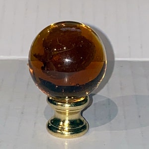 New: Modern Art Deco Round Amber Glass lamp Finial 1-5/8&quot; Tall, brass base tap 1/4&quot;-27 fits standard harps.