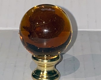 New: Modern Art Deco Round Amber Glass lamp Finial 1-5/8" Tall, brass base tap 1/4"-27 fits standard harps.