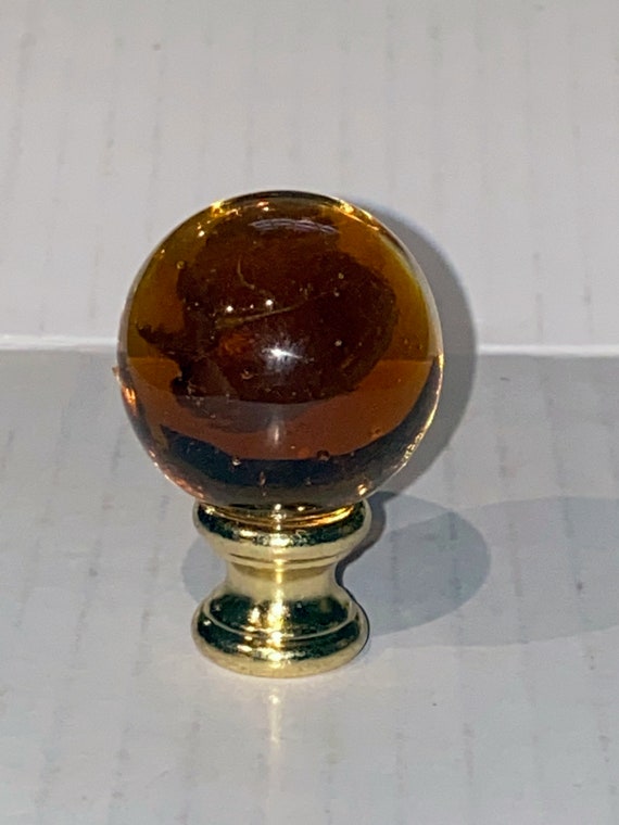 Modern Art Deco Round Amber Glass lamp Finial 1-5/8" Tall, brass base tap 1/4"-27 fits standard harps.