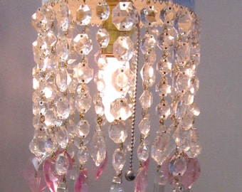 Shabby Chic White pendant Clear French Pendalogues Crystal and Pink Heart Prisms Hanging Light Pendant, Pink Heart Crystals,