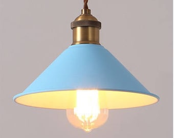 Mid Century light Blue Enamel Metal Industrial Style Hanging Light Fixture with Canopy, Hardware & Edison Style Bulb included