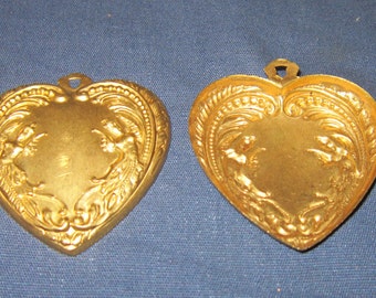 LOT OF 5 Golden finished Brass Hearts with Angles, 2" for Decorations, Weddings, Bridal Supplies, Ornaments, jewelry, charms,