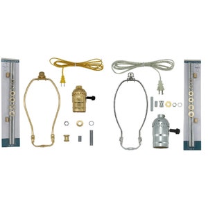 New DIY Brass or Nickel Make-A-Lamp Kit With All Parts & Instructions for DIY Lamp Repair kit with 8&quot; harp, finial, cord, pipe and hardware