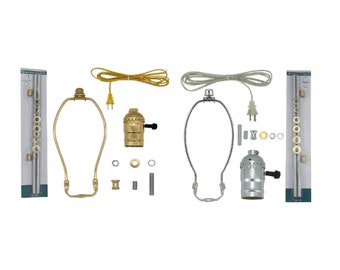 New DIY Brass or Nickel Make-A-Lamp Kit With All Parts & Instructions for DIY Lamp Repair kit with 8" harp, finial, cord, pipe and hardware