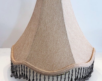 Handmade Scalloped Table Lamp Shade soft back -Cream Gold Tweed fabric fully lined And iridescent smoke beaded fringe