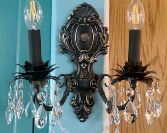 Handmade Victorian Style 2 arm electric Wall Sconce with Crystals custom made to order, choice of colors and crystals