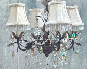 Mini Chandelier-Wrought Iron chandelier, loaded with Crystals and Clear Grape Clusters, 4 arms with Shades Antiqued Oil Rubbed Bronze Finish