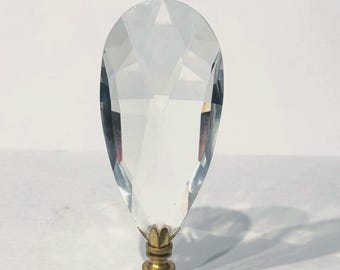 Handmade OOAK 4-3/4" Almond Teardrop Clear Crystal Lamp Finial Polished Brass base tap 1/4-27