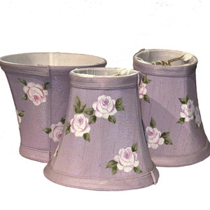 Set of 3 Hand Painted Roses on a Lavender Shantung Silk Mini Shade 3&quot;x 5&quot;x 4.5&quot;h fully lined softback sconce shade