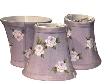 Set of 3 Hand Painted Roses on a Lavender Shantung Silk Mini Shade 3"x 5"x 4.5"h fully lined softback sconce shade