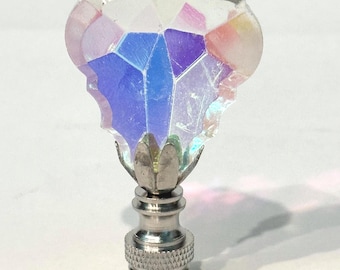 OOAK Handmade 2-3/4" Iridescent Clear French Cut Crystal Pendalogue Lamp Finial with Brass base in 3 finishes, tapped 1/4"-27 Made to order
