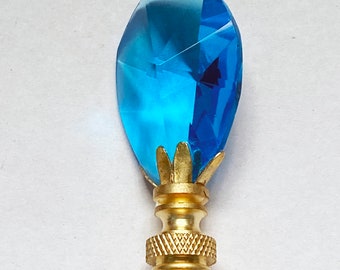 New: Handmade 2-3/4" Aqua Almond Teardrop Teal Crystal Lamp Finial with Brass or Chrome base tap 1/4-27 Made to order