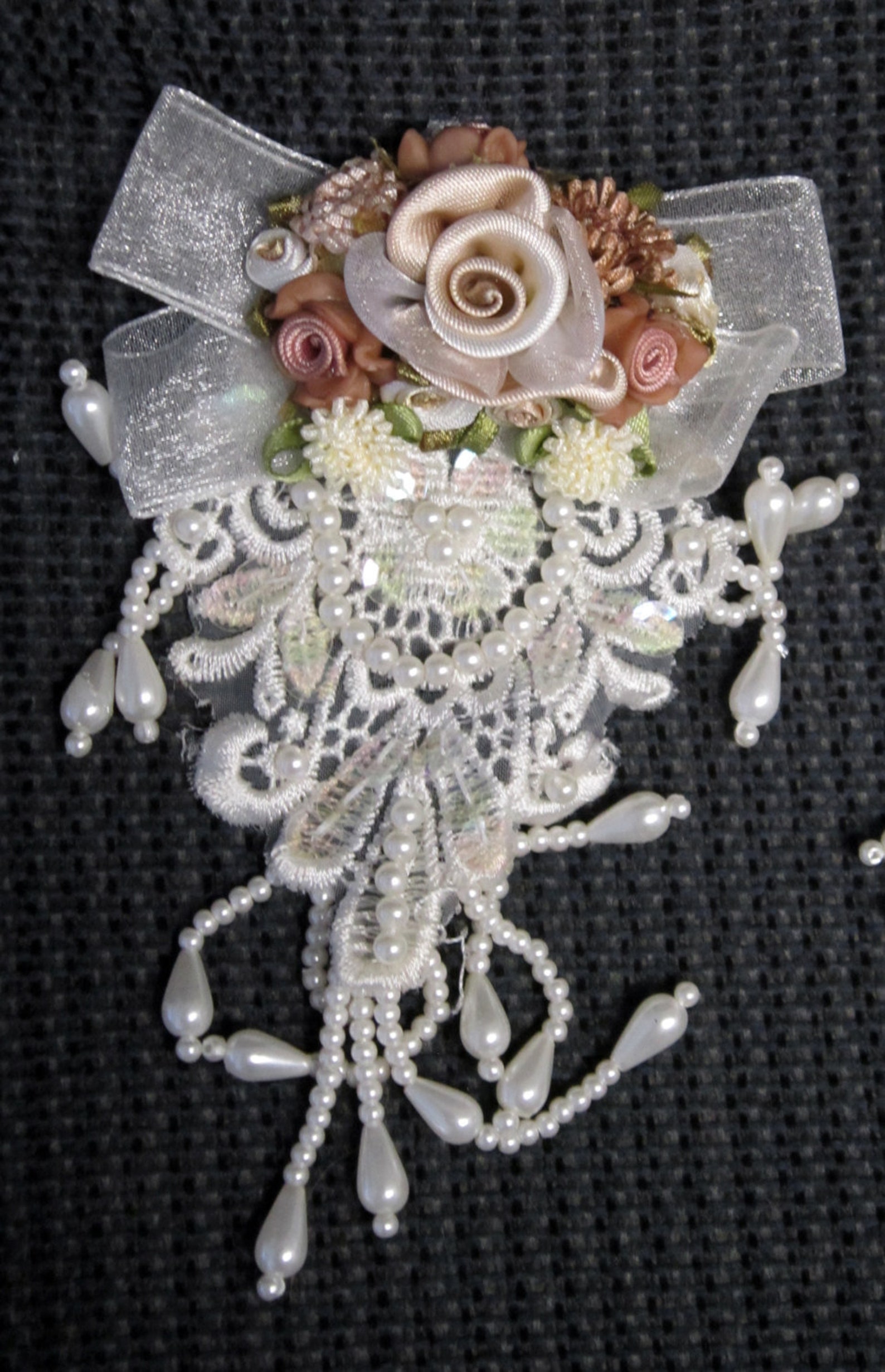 White Pearl Applique Brooch Pin Flowers Pearls Organza Bows Etsy