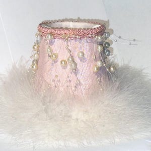 SET OF TWO Princess style Pink mini Chandelier Shades Sconce Shade, 3"x 5"x 4.5" Clip-on Full Frame lined Shade, Faux Pearls & Boa feathers