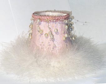 SET OF TWO Princess style Pink mini Chandelier Shades Sconce Shade, 3"x 5"x 4.5" Clip-on Full Frame lined Shade, Faux Pearls & Boa feathers
