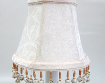 Cream Damask Chandelier Clip-on Mini Shades with Beading Fringe