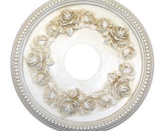 Shabby Rose 16" Diameter Ceiling Medallion for Chandeliers or Fans. Custom Color, Rhinestones, wall medallion