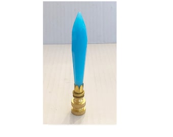 New: Handmade 3-3/4" tall Icicle U-Drop Opal Blue Crystal Lamp Finial with Chrome, Antique Brass or  Brass finish base tap 1/4-27