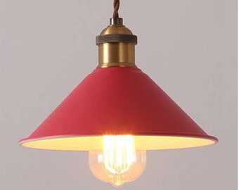 Mid Century RED Enamel Metal Industrial Style Hanging Light Fixture with Canopy, Hardware & Edison Style Bulb included