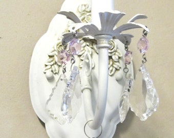 Shabby Cottage style ROSE GARDEN Wall Sconce in an Antique White finish and a Off White Silk Shade
