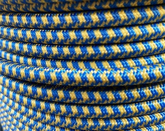 Hounds Tooth Blue & Gold Cloth Covered Electrical Wire - Braided Fabric Wire 18/3 AWG Industrial Retro Cord 3-wire Sold By The Foot