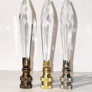 Handmade 3-7/8" tall Icicle U-Drop Clear Crystal Lamp Finial, base in Brass, Nickel or Antique Brass finish- tap 1/4-27 Made to Order