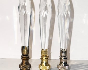 New: Handmade 3-7/8" tall Icicle U-Drop Clear Crystal Lamp Finial with Brass base in Brass, Nickel or Antique Brass finish- tap 1/4-27