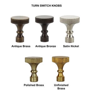 Könnte beinhalten: Fünf Drehschalterknöpfe mit gerippter Oberkante und konischem Sockel. Die Oberflächen sind als Antique Brass, Antique Bronze, Satin Nickel, Polished Brass und Unfinished Brass beschriftet. Der Text TURN SWITCH KNOBS steht oben.