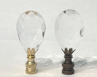Handmade to Order 2-3/4" Almond Teardrop Clear Crystal Lamp Finial choice of finish: Brass, Nickel, Antique Brass base tap 1/4-27