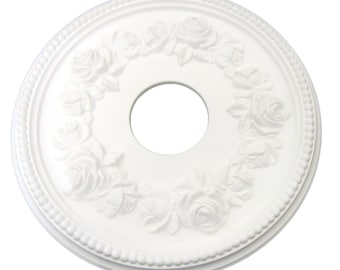 ON SALE : Pure White Shabby Rose 16" Diameter Ceiling Medallion for Chandeliers or Fans