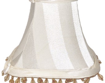 HANDMADE Clip-on MINI Cream Pattern Satin Stripe fabric Square softback Shade, Amber Beaded trim & self trim full framed with white lining.
